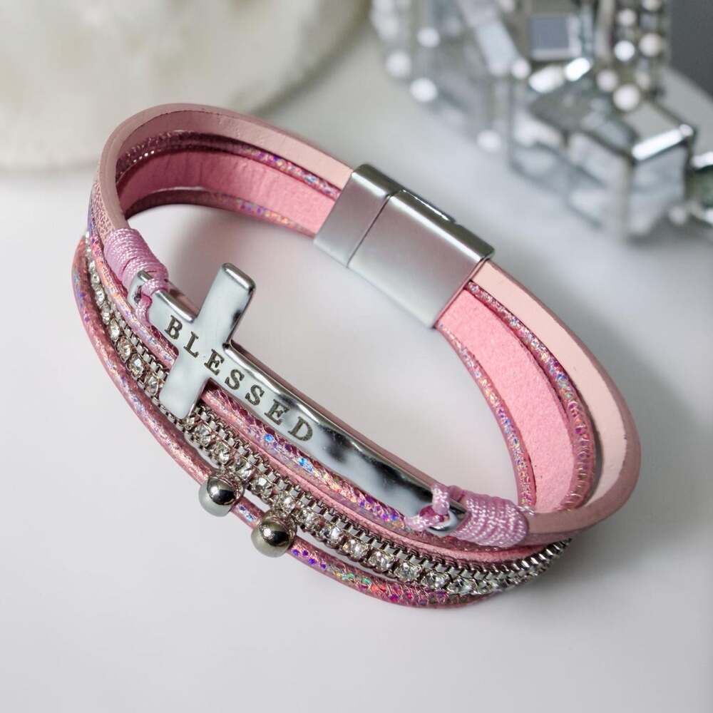 Womens Multi-Layer Blessed Bracelet with Magnetic Clasp - Pink